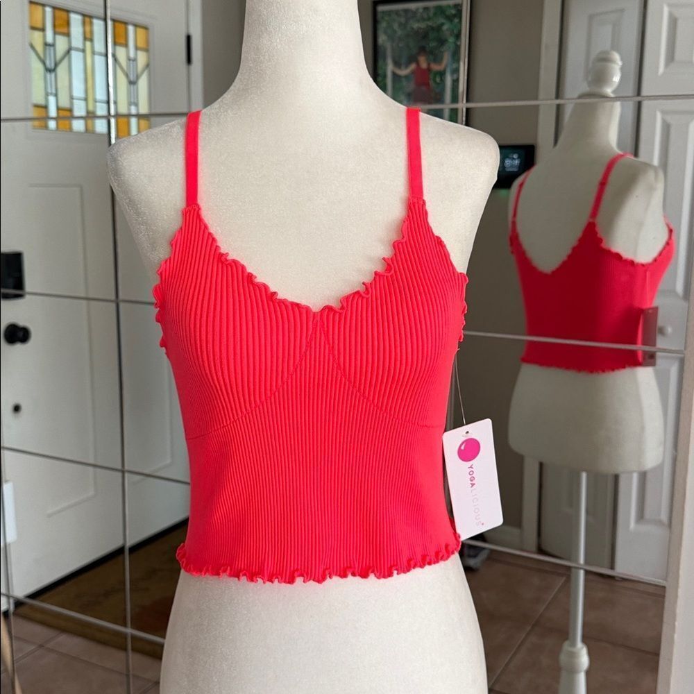 Yogalicious Hot Pink Ribbed Lettuce-Edge Crop Cami - Picture 1 of 9